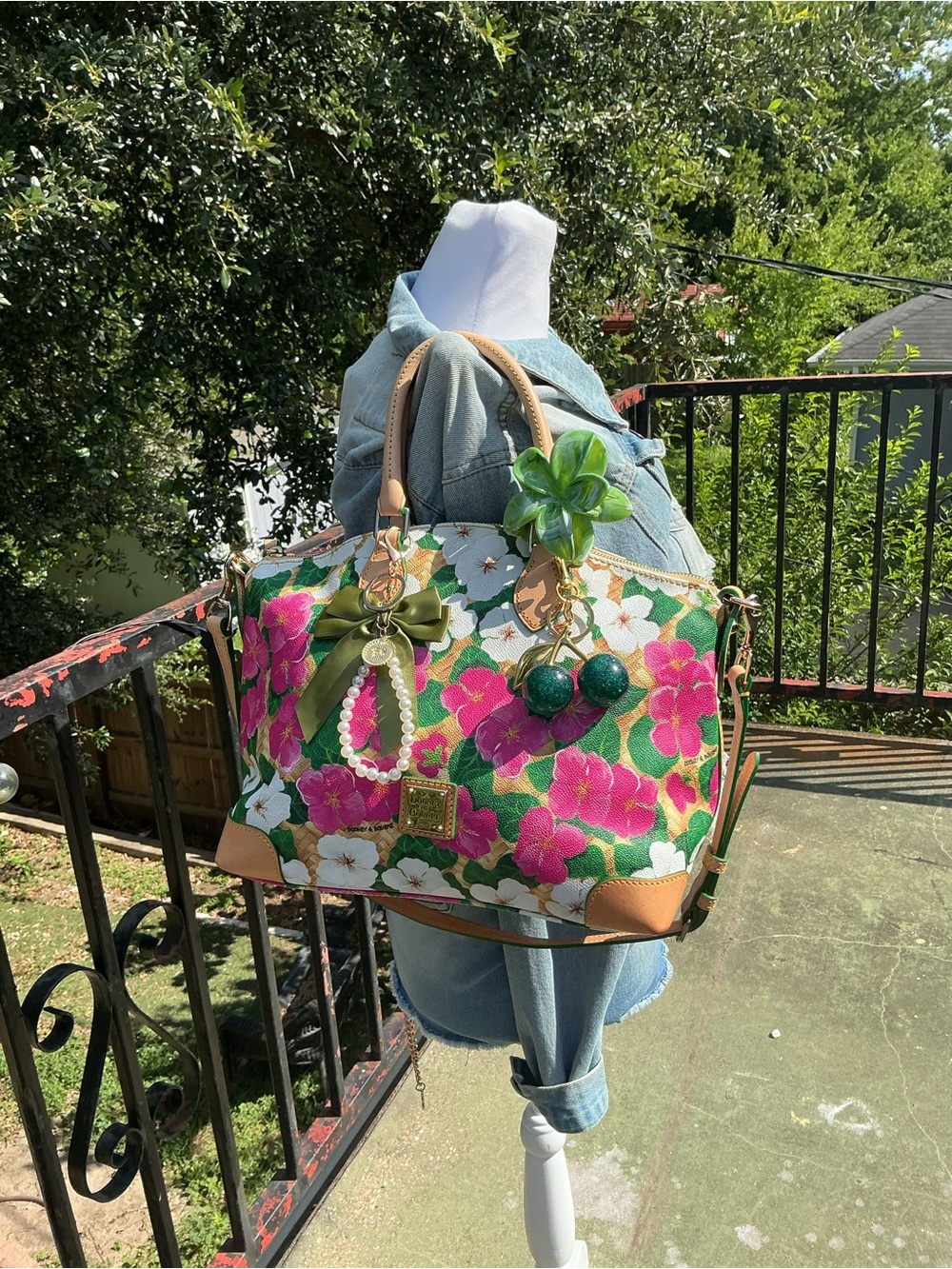Floral Canvas Tote Bag in Pink & Green with Tan Trim
